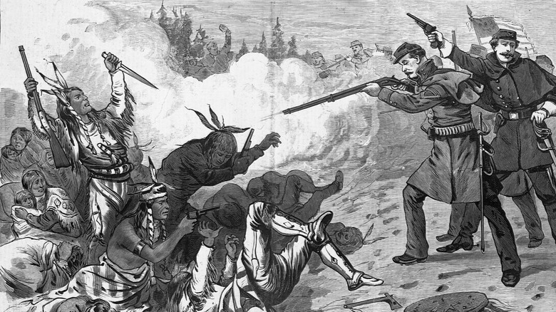 Illustration of troops shooting Natives