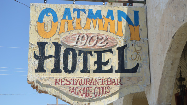 Oatman hotel sign under blue sky