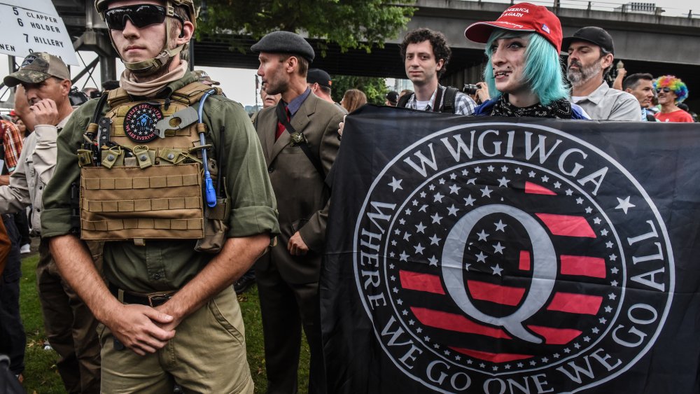 QAnon devotee showing up at a protest in Portland, Oregon