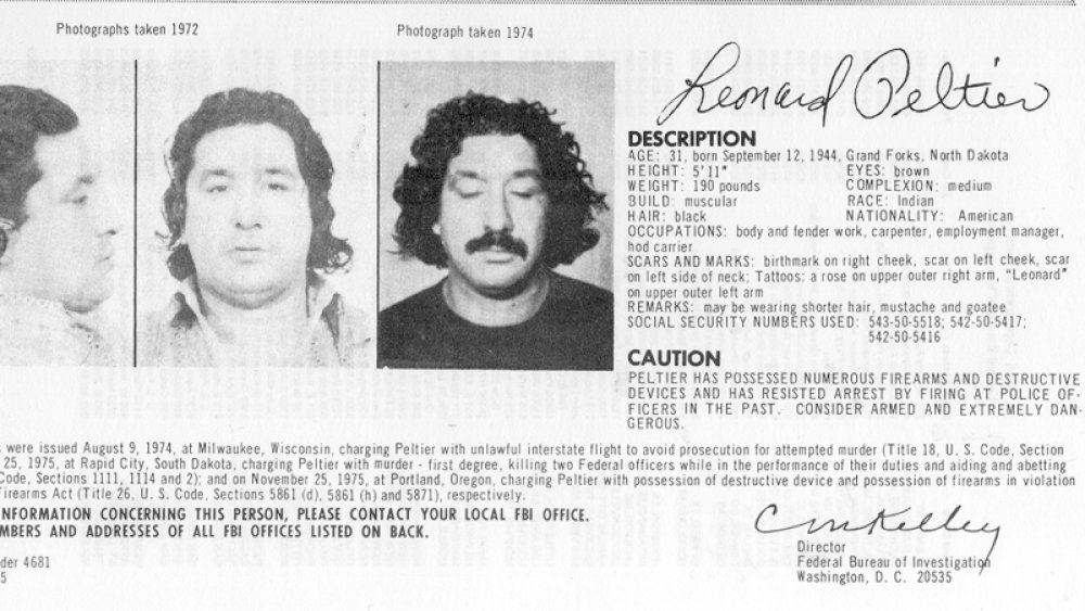 Federal Bureau of bvestigation wanted poster for Leonard Peltier.