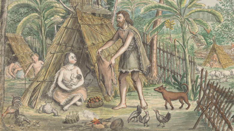 adam and eve with children in hut