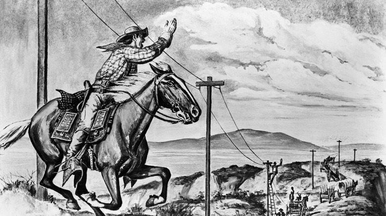 Horse rider hand raised telegraph poles 