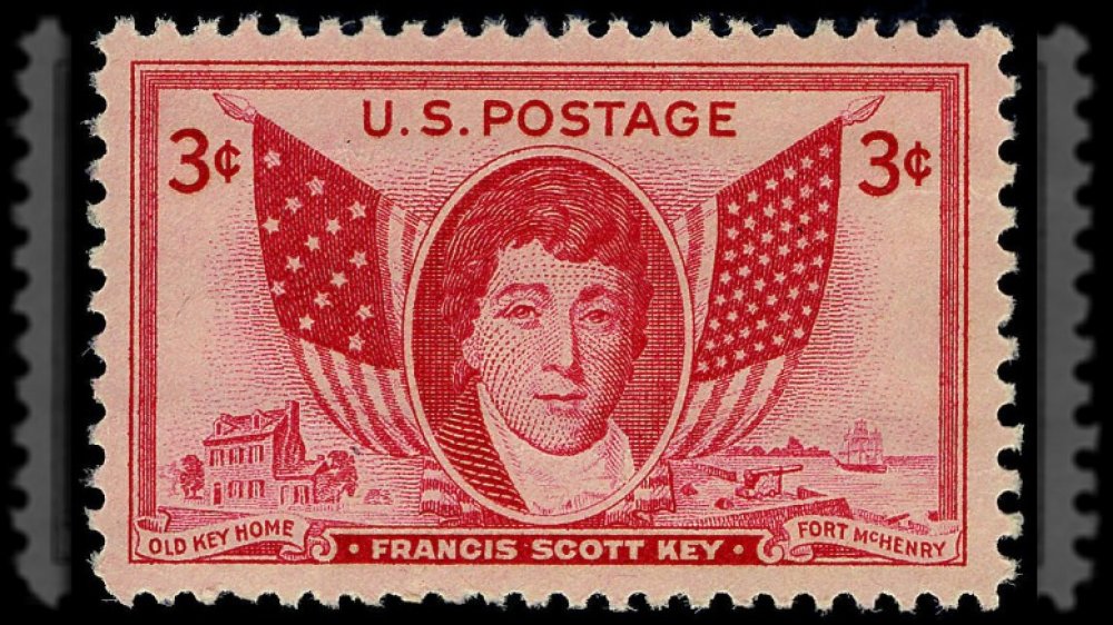 Francis Scott Key 3-cent 1948 issue U.S. stamp, featuring Key's portrait, the old Key home and the flag of 1814, and the 1948 flag and a view of Fort McHenry