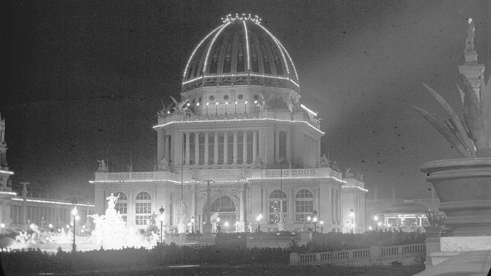 The Administration Building illuminated by electric lights in 1893