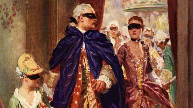 Painting of man and two women at a masque 