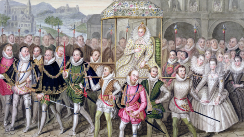Painting of Queen Elizabeth I surrounded by male courtiers and ladies-in-waiting