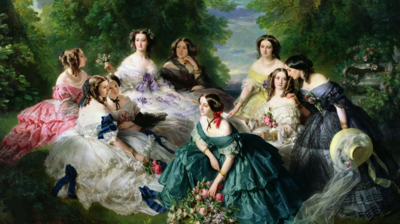A painting of women in gowns talking with one another in a meadow