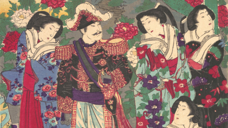 Japanese painting of an Emperor surrounded by royal maids