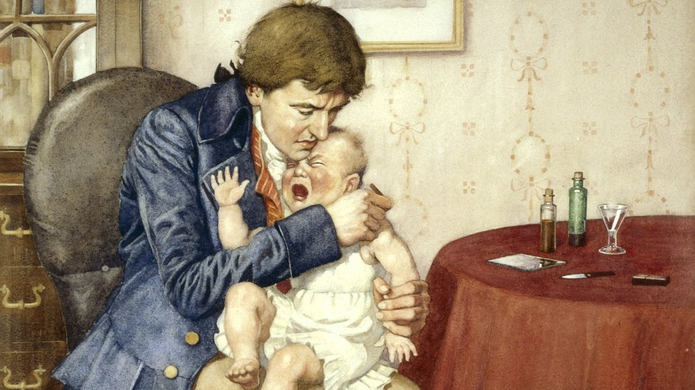 Watercolor of Edward Jenner administering a vaccine to crying infant