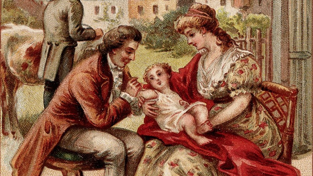 Artwork of Edward Jenner vaccinating a young child