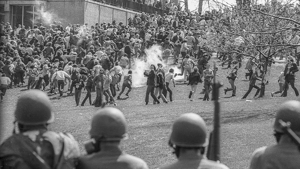 Ohio National Guardsmen and students at Kent State in 1970