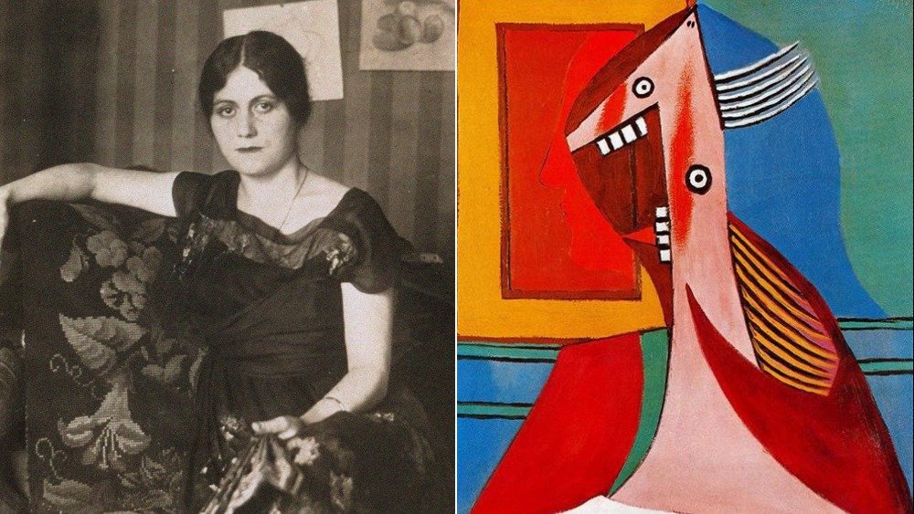 Olga Khokhlova in Early 1920s, left, with 'bust of a woman and self-portrait' 1929, right