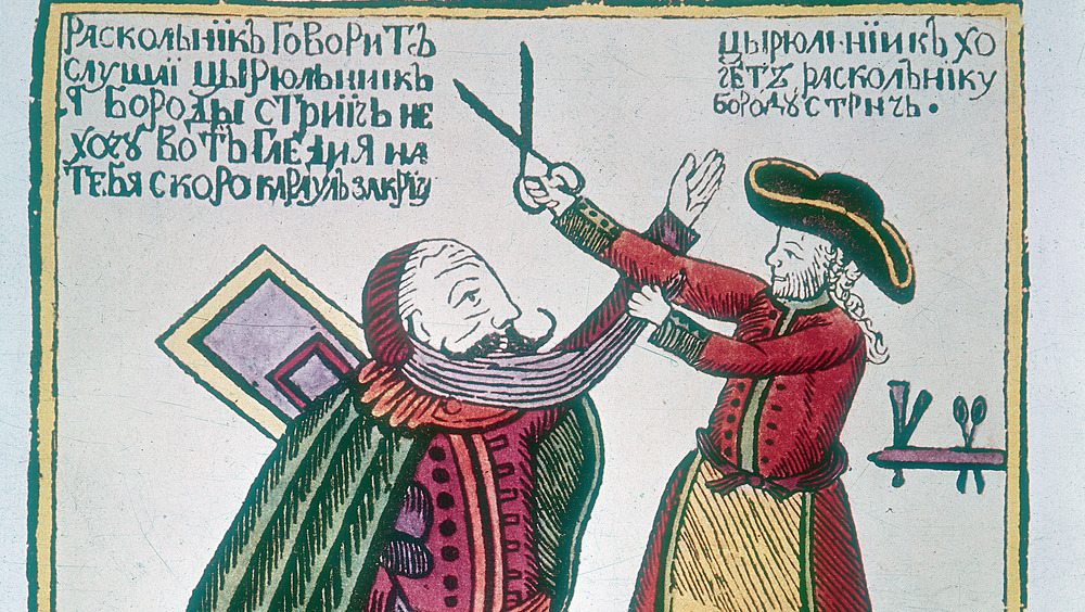 Peter the Great of Russia cutting a boyar's beard