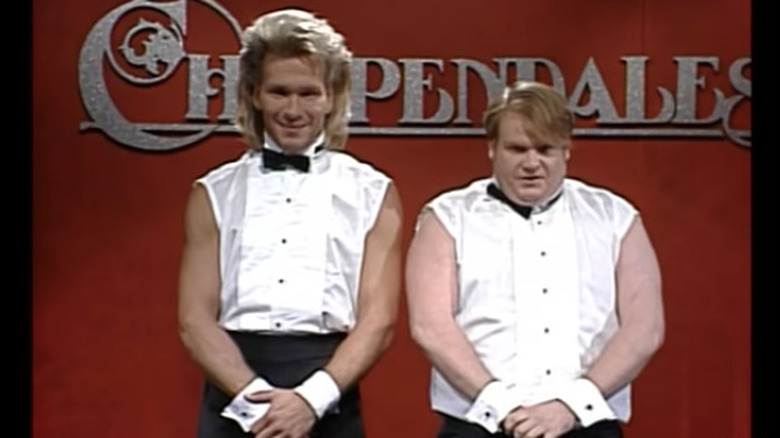 Patrick Swayze and Chris Farley in white tux black bowtie