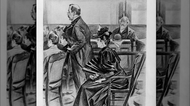 Sketch of Lizzie Borden in black with lawyer at trial