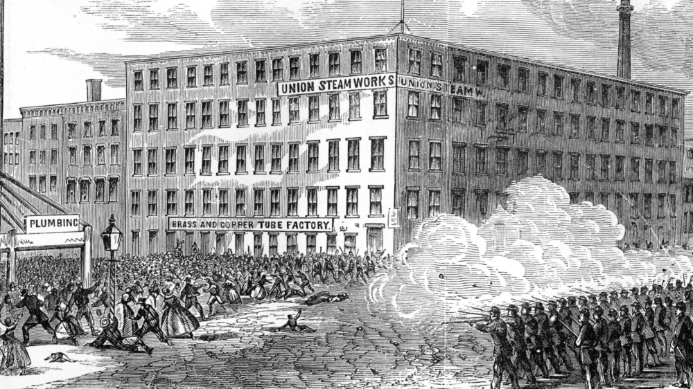 illustration of riots with guns being fired