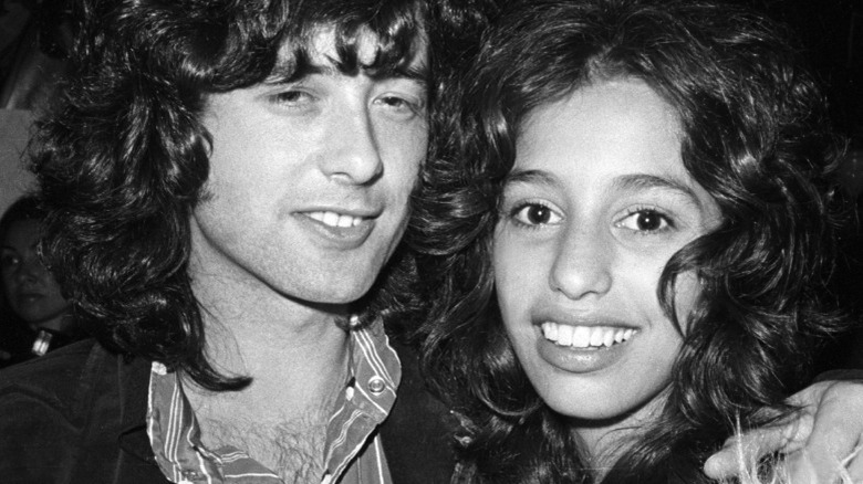 Black and white photo of Jimmy Page and Lori Mattix smiling