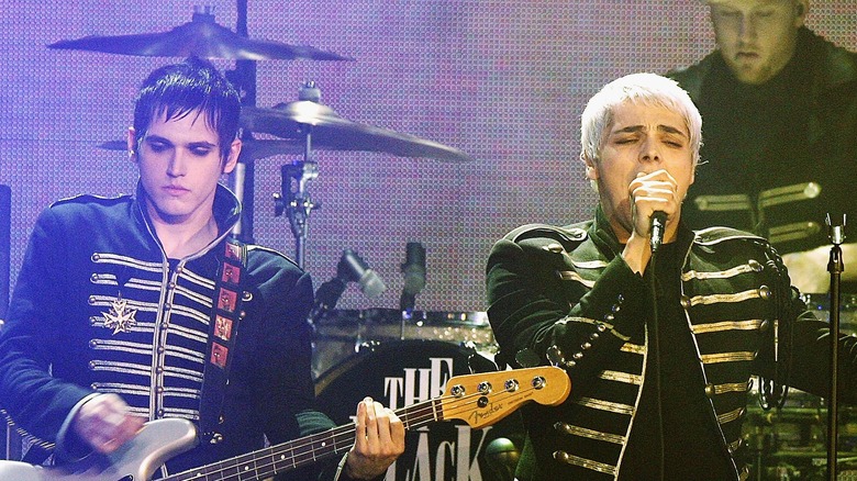 My Chemical Romance on stage black and white striped jackets