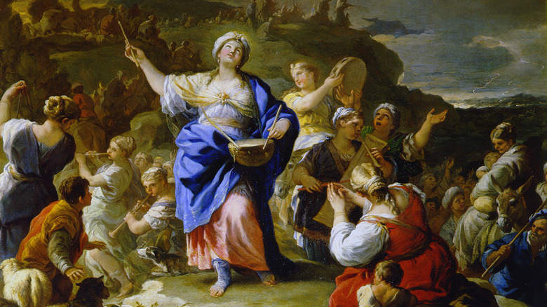 Painting of Miriam dancing with many other people
