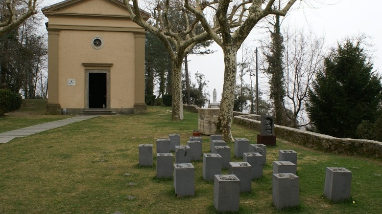 church with monument to victims of massacre 