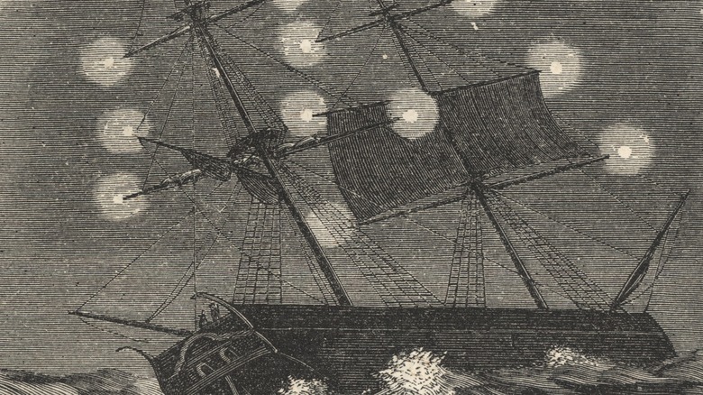 19th century illustration of St. Elmo's Fire on a ship.