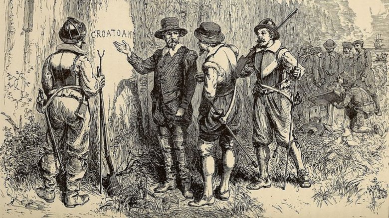 engraving of colonists discovering Croatoan