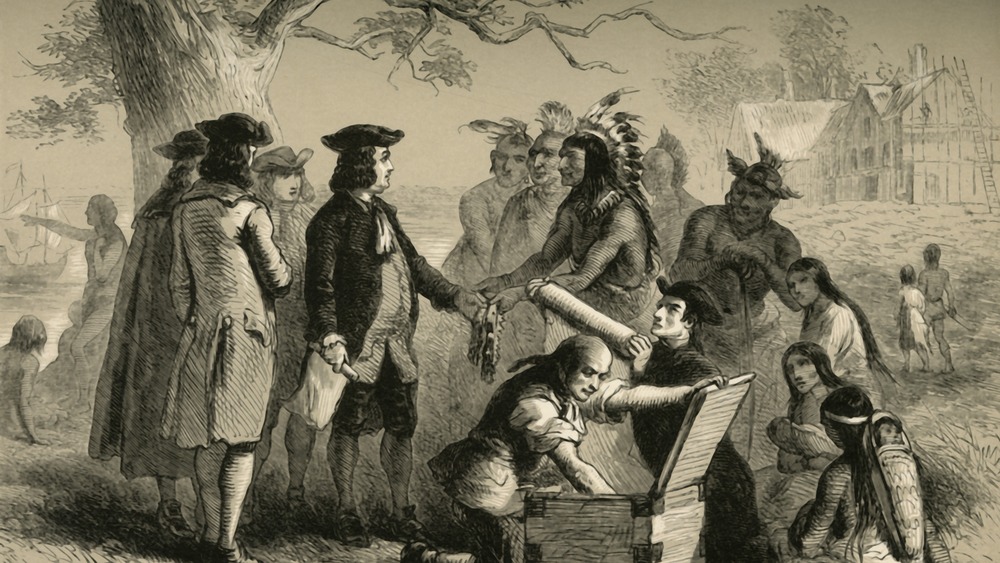illustration of settlers and Native Americans making a deal.