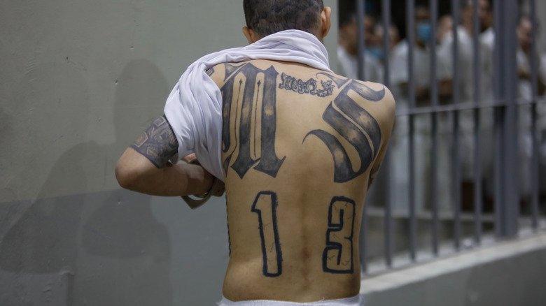 Prisoner with acronym back tattoo