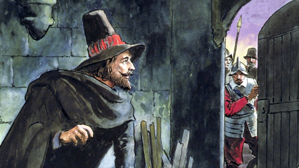 Artwork from 1900 depicting Guy Fawkes being discovered by officials