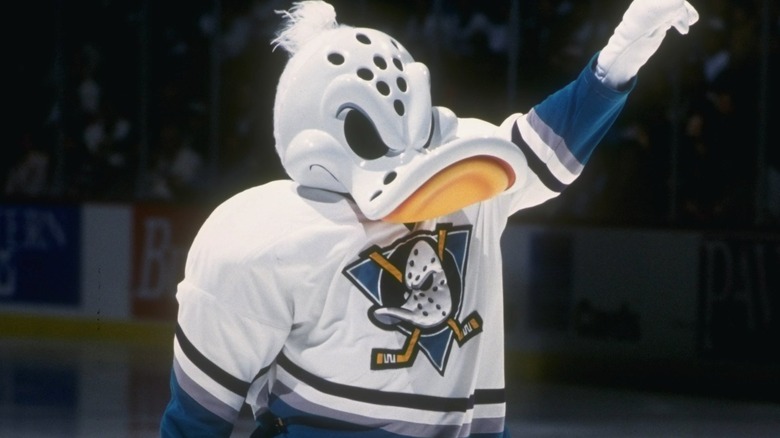 Mighty Ducks of Anaheim mascot pointing