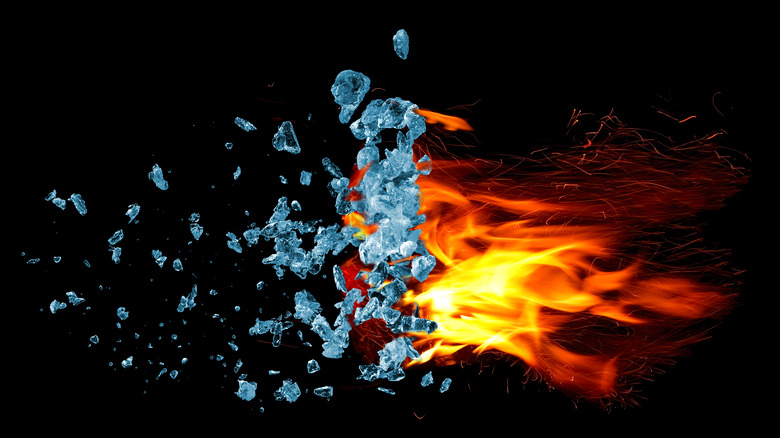 Fire, sparks, and ice chunks