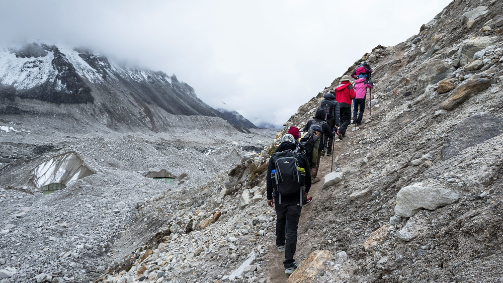 Trekkers leaving Mt Everest Base Camp