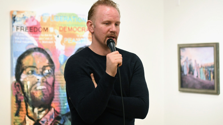 morgan Spurlock speaking at a gallery