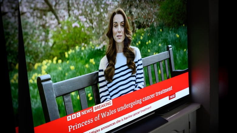 TV showing Kate Middleton's video announcing cancer