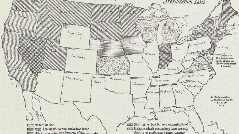 Map of the United States showing states with sterilization laws. 1926