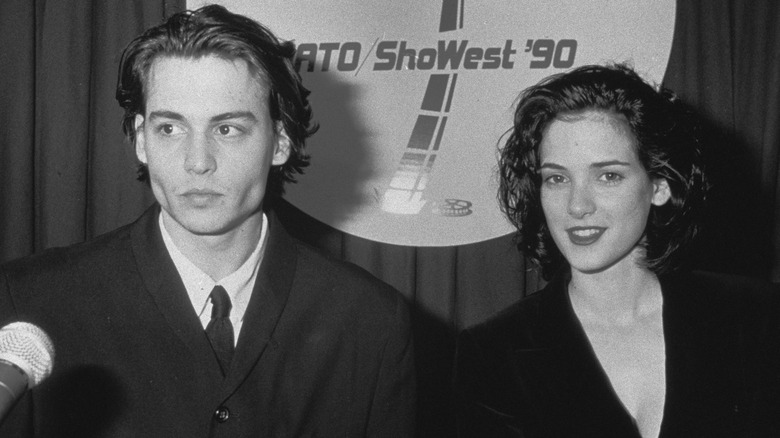 American actor Johnny Depp and American actress Winona Ryder in the press room of the 1990 ShoWest Awards