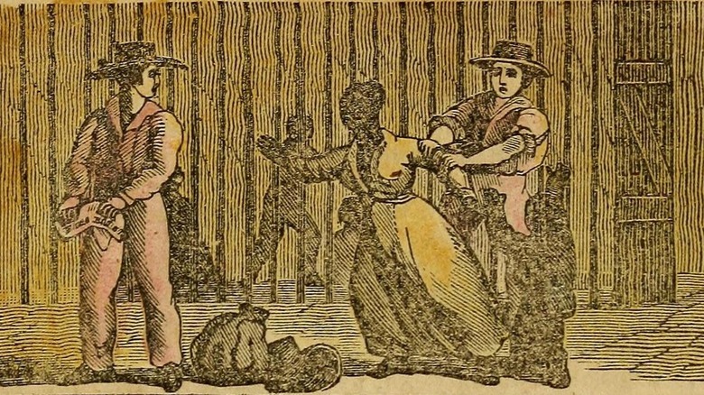Two men grabbing a slave woman