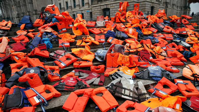 Art installation showing refugees' discarded life vests