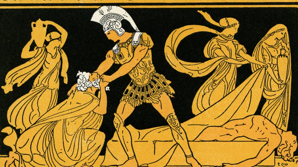 Illustration (by Ezio Anichini) shows Priam, king of Troy, as he begs Achilles to leave the body of his son, Hector. Italy, 1911.
