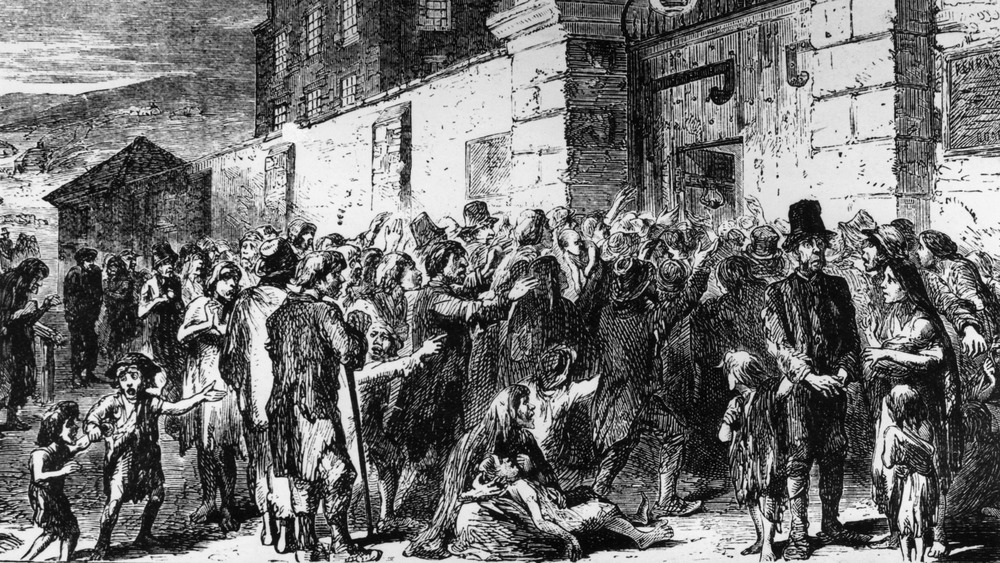 illustration of poor people outside of building 