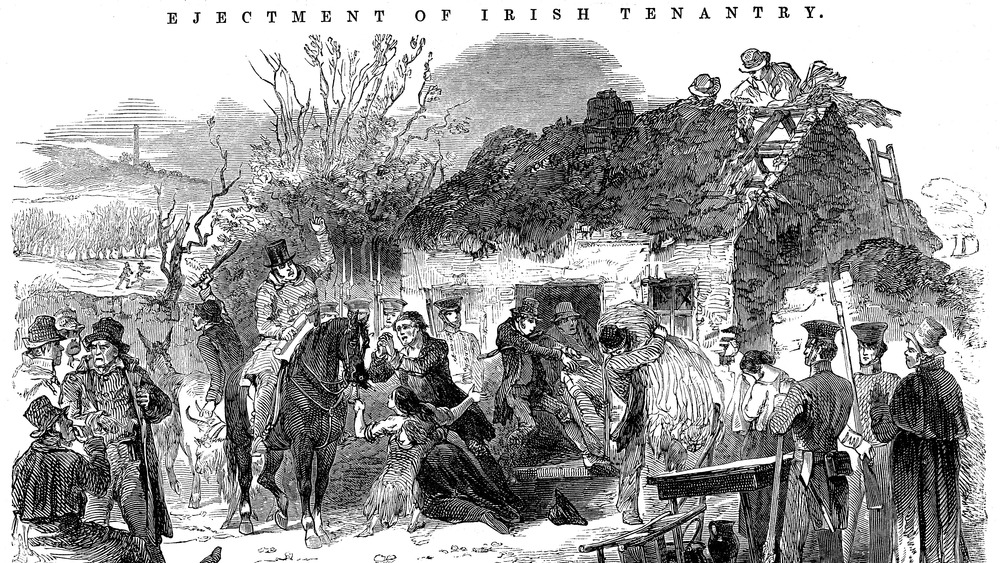 drawing of Irish Potato Famine saying "ejectment of the Irish tenantry"