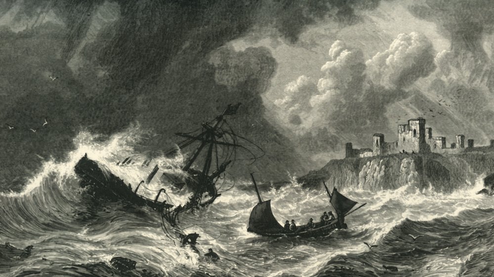 19th century painting of a shipwreck on the Scottish coast