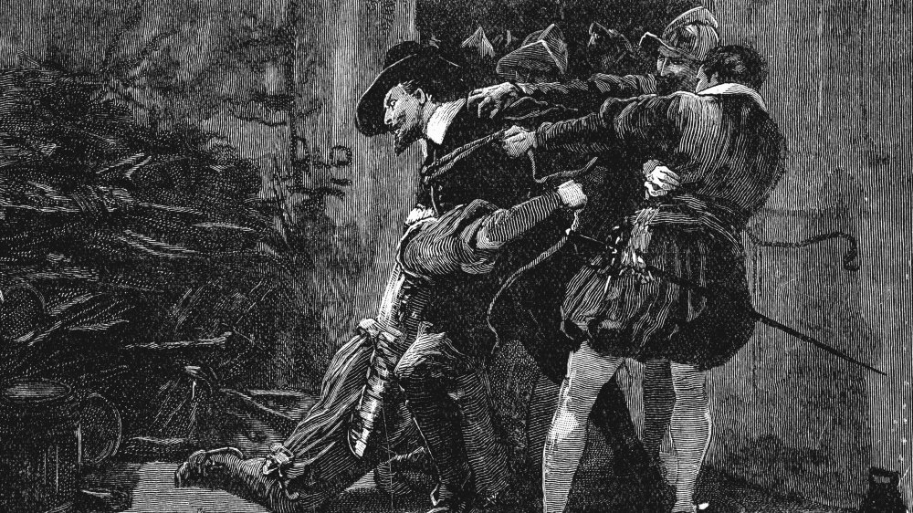 19th century painting of Catholic revolutionary Guy Fawkes arrested while trying to blow up Parliament