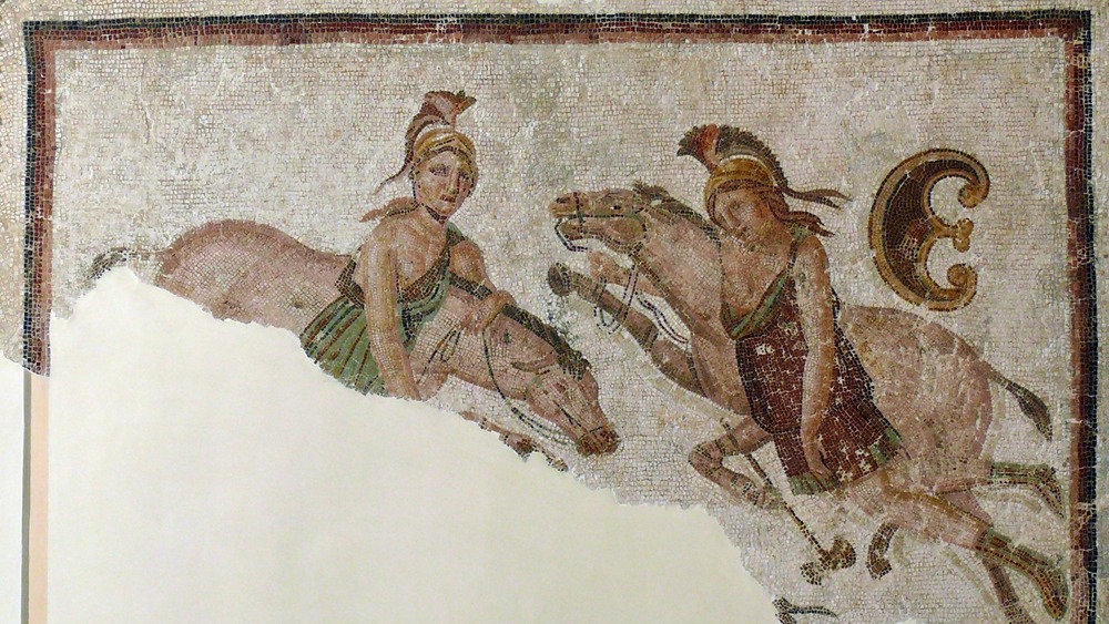 Mosaic fragment depicting two amazons and their horses, protected by Artemis.
