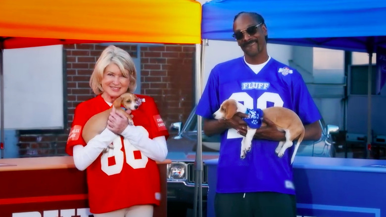 Martha Stewart and Snoop Dogg holding puppies