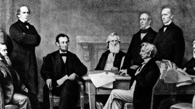 Sketch of Lincoln signing Emancipation Proclamation