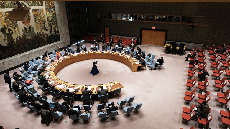 aerial shot of UNSC Ukraine meeting with people at round table