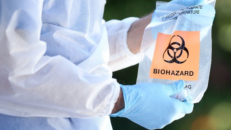 Gloved hands holding biohazard bag