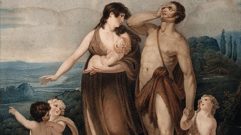 A couple in animal skins (Adam and Eve ?) journeying with three children after the expulsion