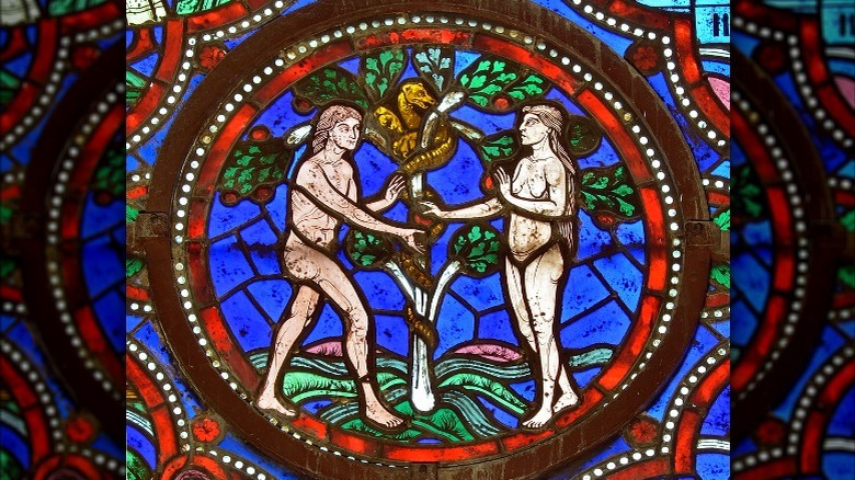 Stauned glass window of Adam and Eve in Catedral de Saint-Julien